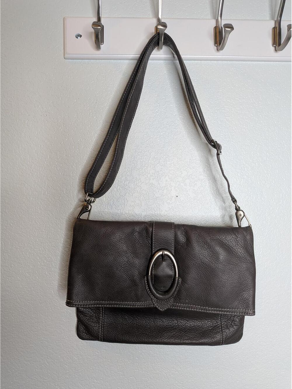 Alfani Genuine Leather Foldover Crossbody Bag Brown Gray Pebbled Leather Purse